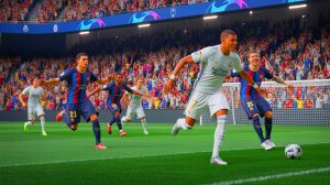 Illustration de Kylian Mbappé célébrant un but lors d'un match du Real Madrid (création par IA, non réaliste). Crédit : Ideogram