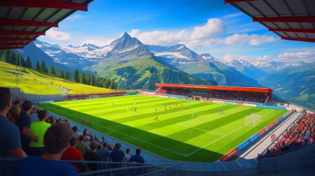 Illustration de l’Ottmar Hitzfeld Arena, le stade de football le plus élevé d’Europe, situé à 2 000 mètres d’altitude dans le village de Gspon. Image réalisée par IA.