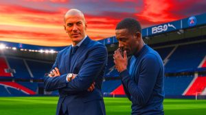 Illustration de Zinedine Zidane en tant qu'entraîneur potentiel du PSG avec l'admiration d'Ousmane Dembélé. Image réalisée par IA.