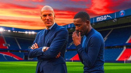 Illustration de Zinedine Zidane en tant qu'entraîneur potentiel du PSG avec l'admiration d'Ousmane Dembélé. Image réalisée par IA.