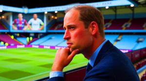 Illustration de Prince William choisissant entre Lionel Messi et Cristiano Ronaldo dans un jeu footballistique. Image réalisée par IA.