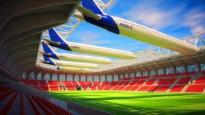 Illustration de la transformation innovante du stade de la Meinau avec des fuselages d'Airbus A340. Image réalisée par IA.