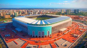 Illustration du futur Grand Stade Hassan II à Casablanca, le plus grand stade de football du monde. Image réalisée par IA.