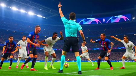 Illustration de l'arbitrage controversé lors du match FC Barcelone contre l'Inter Milan en Ligue des Champions (création par IA, non réaliste). Crédit : Ideogram