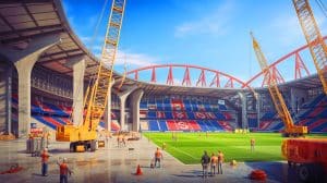 Illustration de la construction projetée du nouveau stade du PSG à Massy (création par IA, non réaliste). Crédit : Ideogram