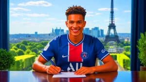 Illustration de Renato Marin rejoignant le Paris Saint-Germain. Image réalisée par IA.