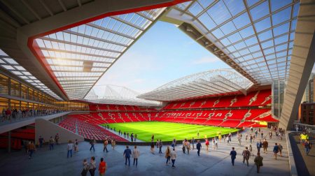 Illustration de la conception futuriste du nouveau stade de Manchester United par Foster + Partners. Image réalisée par IA.