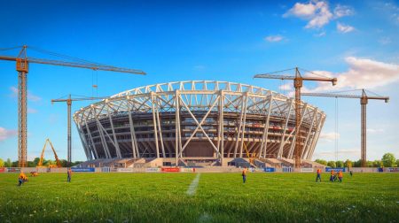 Illustration de la construction du nouveau stade du PSG à Massy. Image réalisée par IA.