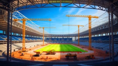 Illustration de la construction du nouveau stade du PSG à Massy. Image réalisée par IA.