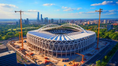 Illustration du futur stade monumental du PSG à Massy (création par IA, non réaliste). Crédit : Ideogram