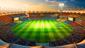 Illustration de l'intérieur du stade Narendra Modi, le plus grand stade de cricket du monde, lors d'un match Inde-Pakistan (création par IA, non réaliste). Crédit : Ideogram