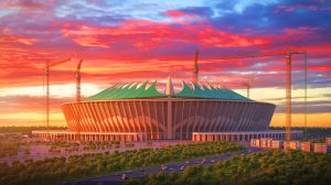 Illustration de la conception du stade Hassan II, futur emblème sportif et culturel du Maroc. Image réalisée par IA.