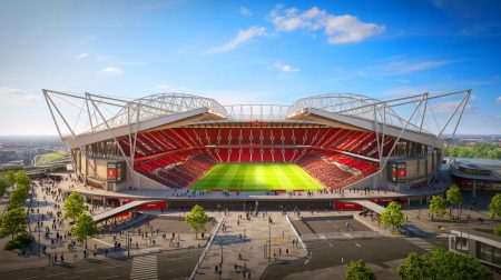 Un toit jamais vu dans le football : découvrez cette ombrelle géante écoénergétique qui métamorphose le stade de Manchester United et l’architecture sportive Illustration de la structure innovante en forme de parapluie du futur stade de Manchester United. Image réalisée par IA.