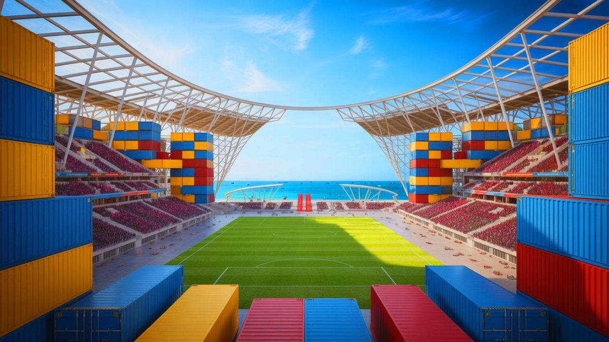 Illustration de l'architecture innovante et démontable du Stadium 974 au Qatar. Image réalisée par IA.