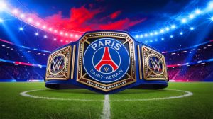 Illustration de la ceinture de champion PSG par la WWE, fusionnant football et catch (création par IA, non réaliste). Crédit : Ideogram