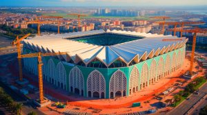 Illustration de la conception du Grand Stade Hassan II à Casablanca. Image réalisée par IA.