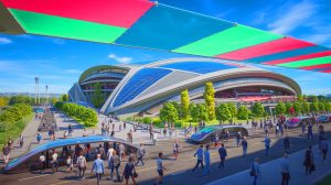 Illustration de la vision futuriste du nouveau stade du PSG, intégrant des installations modernes et écologiques. Image réalisée par IA.