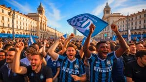 Illustration de supporters marseillais arborant des maillots de l'Inter Milan pour la finale de la Ligue des Champions. Image réalisée par IA.