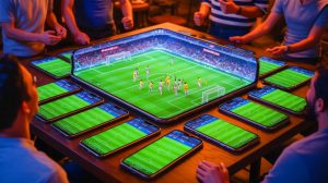 Illustration de smartphones formant un écran collectif pour vivre le football ensemble. Image réalisée par IA.