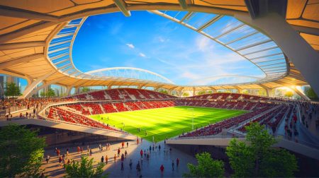 Illustration de la vision futuriste du nouveau stade de Manchester United par Foster + Partners (création par IA, non réaliste). Crédit : Ideogram