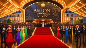 Illustration de la cérémonie du Ballon d'Or 2025 au théâtre du Châtelet à Paris. Image réalisée par IA.