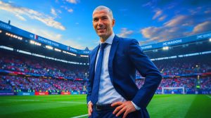 Illustration de Zinédine Zidane en tant que nouvel entraîneur de l'équipe de France (création par IA, non réaliste). Crédit : Ideogram