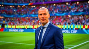 Illustration de Zinédine Zidane prenant la tête de l'équipe de France après la Coupe du Monde 2026. Image réalisée par IA.