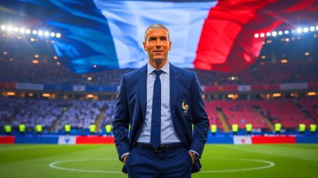 Illustration de Zinédine Zidane prenant la tête de l'équipe de France après la Coupe du Monde 2026. Image réalisée par IA.