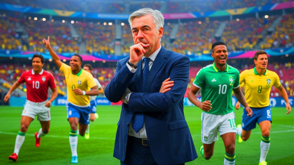 Illustration de Carlo Ancelotti réfléchissant à la sélection des joueurs pour le Brésil. Image réalisée par IA.