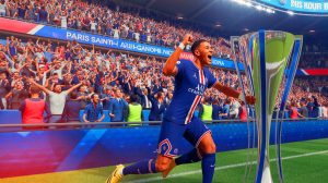 Illustration de la victoire du PSG en Ligue des Champions avec Achraf Hakimi célébrant. Image réalisée par IA.