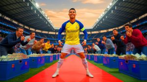 Illustration de Cristiano Ronaldo signant son contrat avec Al-Nassr. Image réalisée par IA.