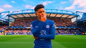 Illustration de Jadon Sancho faisant ses adieux à Chelsea après une saison décevante. Image réalisée par IA.