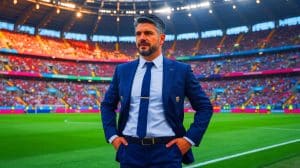 Illustration de Gennaro Gattuso en tant que potentiel sélectionneur de l'équipe nationale d'Italie pour la Coupe du Monde 2026. Image réalisée par IA.