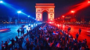Illustration de la tension sur les Champs-Élysées lors de la finale de la Ligue des Champions. Image réalisée par IA.