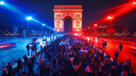 Illustration de la tension sur les Champs-Élysées lors de la finale de la Ligue des Champions. Image réalisée par IA.