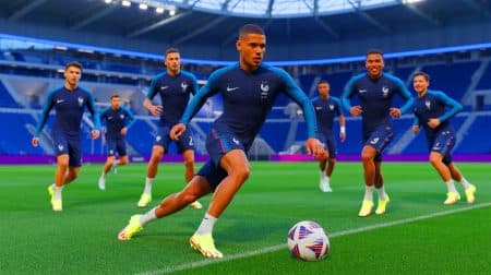 Illustration de Rayan Cherki en action lors de l'entraînement de l'Équipe de France avant le match contre l'Espagne. Image réalisée par IA.