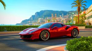 Illustration de Florian Thauvin au volant de sa Ferrari 488 Pista à Monaco. Image réalisée par IA.