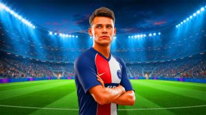 Illustration de Franco Mastantuono, jeune prodige du football, convoité par le PSG et le Real Madrid. Image réalisée par IA.