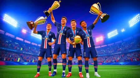 Illustration de quatre jeunes talents portugais du PSG célébrant leurs succès en football. Image réalisée par IA.