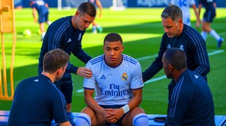 Illustration de Kylian Mbappé en pleine réflexion après un entraînement perturbé au Real Madrid. Image réalisée par IA.