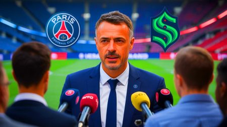 Illustration de Luis Enrique en conférence de presse avant le match PSG-Seattle. Image réalisée par IA.