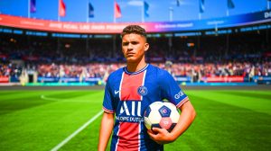 Illustration de Franco Mastantuono, jeune prodige du football, suscitant l'intérêt du Paris Saint-Germain. Image réalisée par IA.
