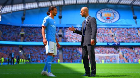 Illustration de Rayan Cherki discutant avec Pep Guardiola sur le terrain de Manchester City. Image réalisée par IA.