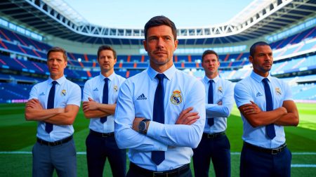 Illustration de Xabi Alonso entouré de son nouveau staff technique au Real Madrid. Image réalisée par IA.