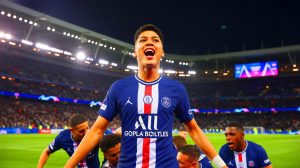 Illustration de Désiré Doué célébrant la victoire du PSG en Ligue des Champions. Image réalisée par IA.