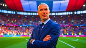 Illustration de Zinédine Zidane prenant la tête de l'équipe de France après la Coupe du Monde 2026. Image réalisée par IA.