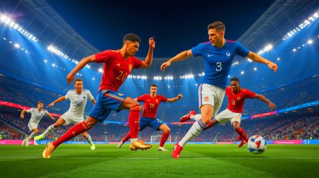 Illustration de la victoire de l'Espagne contre l'équipe de France en demi-finale de la Ligue des Nations. Image réalisée par IA.