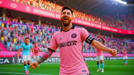 Illustration de Lionel Messi célébrant un coup franc décisif avec l'Inter Miami lors du Mondial des Clubs. Image réalisée par IA.