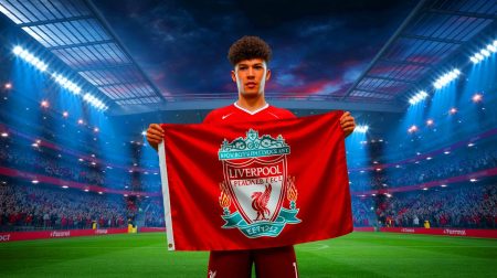 Illustration de Milos Kerkez tenant un drapeau de Liverpool. Image réalisée par IA.