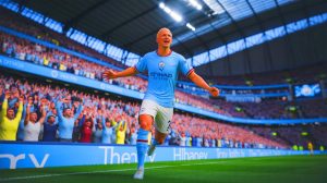 Illustration de Tijjani Reijnders célébrant son transfert de l'AC Milan à Manchester City. Image réalisée par IA.